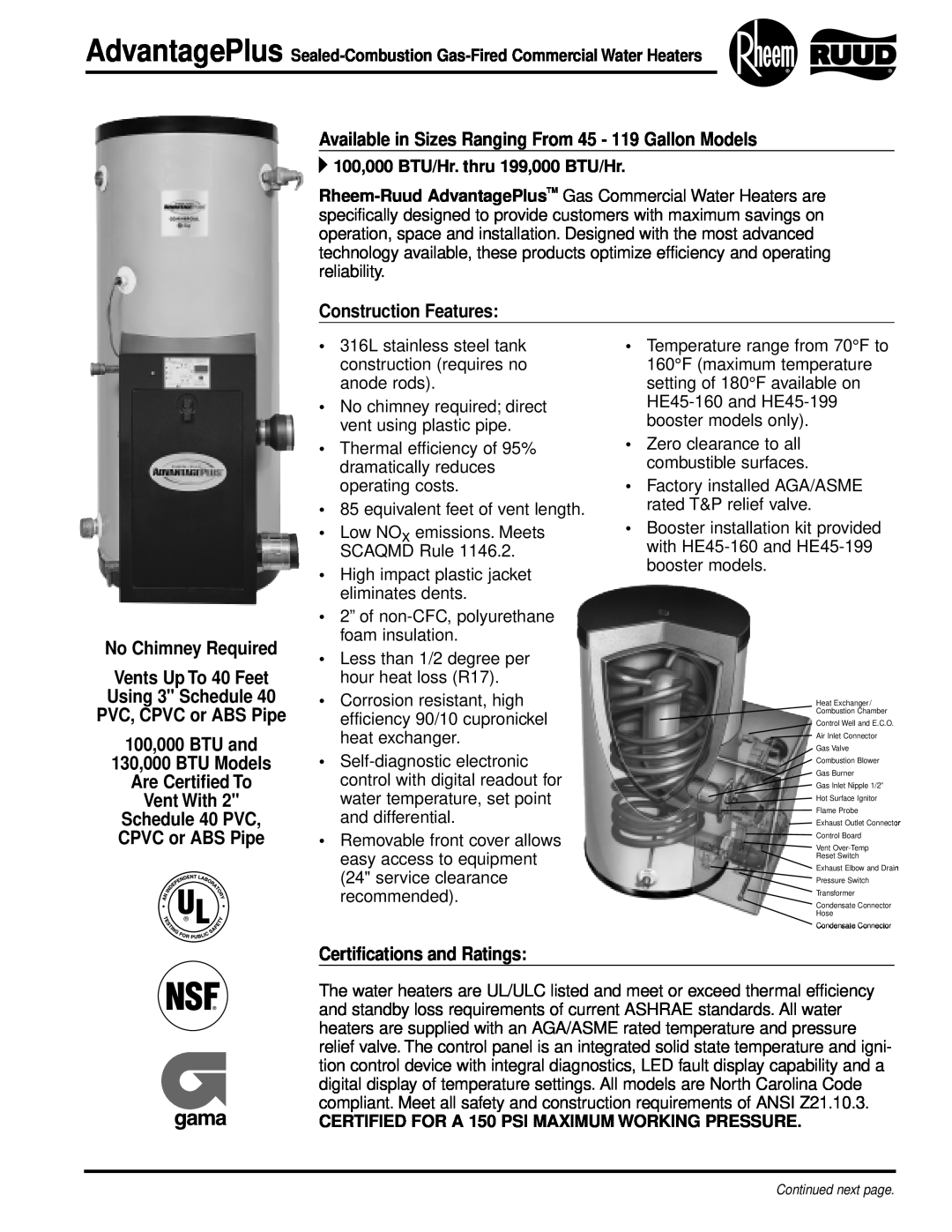 Rheem 100, 130 manual Available in Sizes Ranging From 45 - 119 Gallon Models, Construction Features, No Chimney Required 