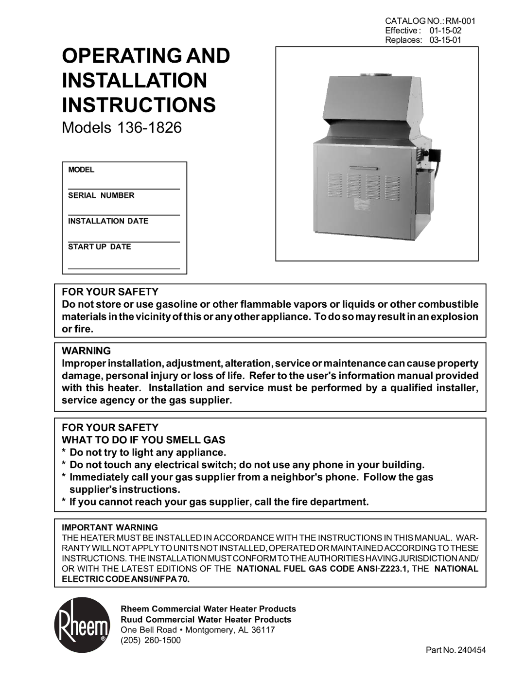 Rheem 136-1826 installation instructions Catalog NO. RM-001, Important Warning, Electric Code ANSI/NFPA 