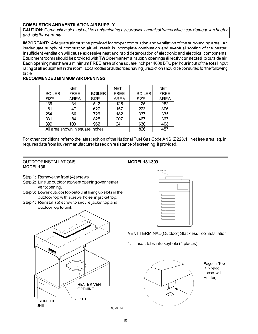 Rheem 136-1826 Combustion and Ventilation AIR Supply, Recommended Minimum AIR Openings, MODEL181-399, Model 