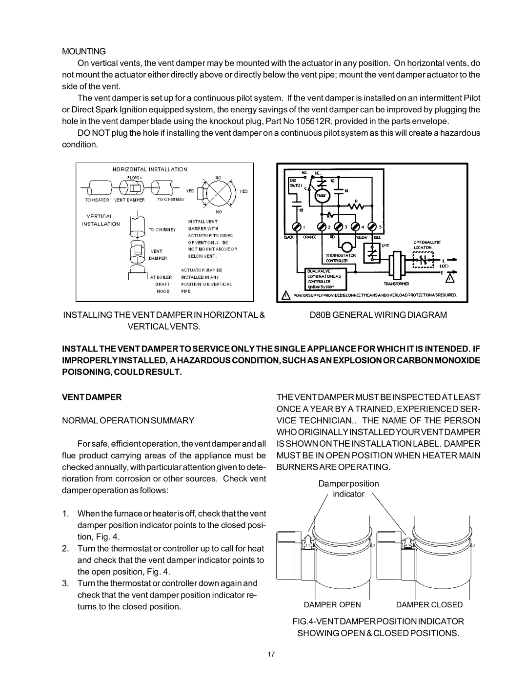 Rheem 136-1826 installation instructions Mounting, Normal Operation Summary 