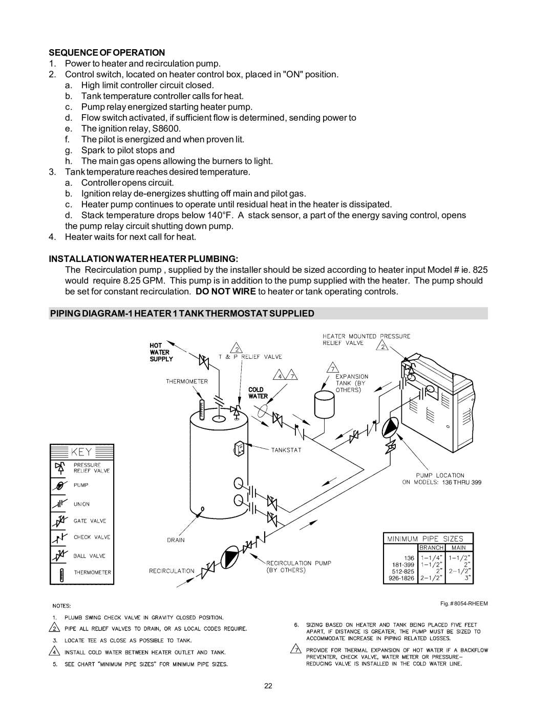 Rheem 136-1826 Sequenceofoperation, Installation Water Heater Plumbing, Piping DIAGRAM-1 Heater 1 Tank Thermostat Supplied 