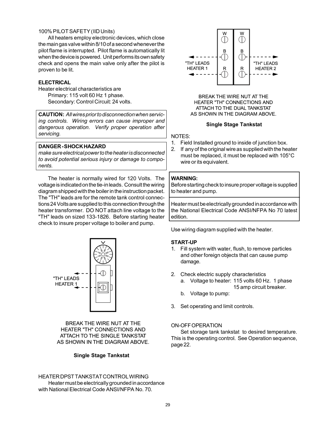 Rheem 136-1826 installation instructions Electrical, Single Stage Tankstat, Start-Up, On-Offoperation 