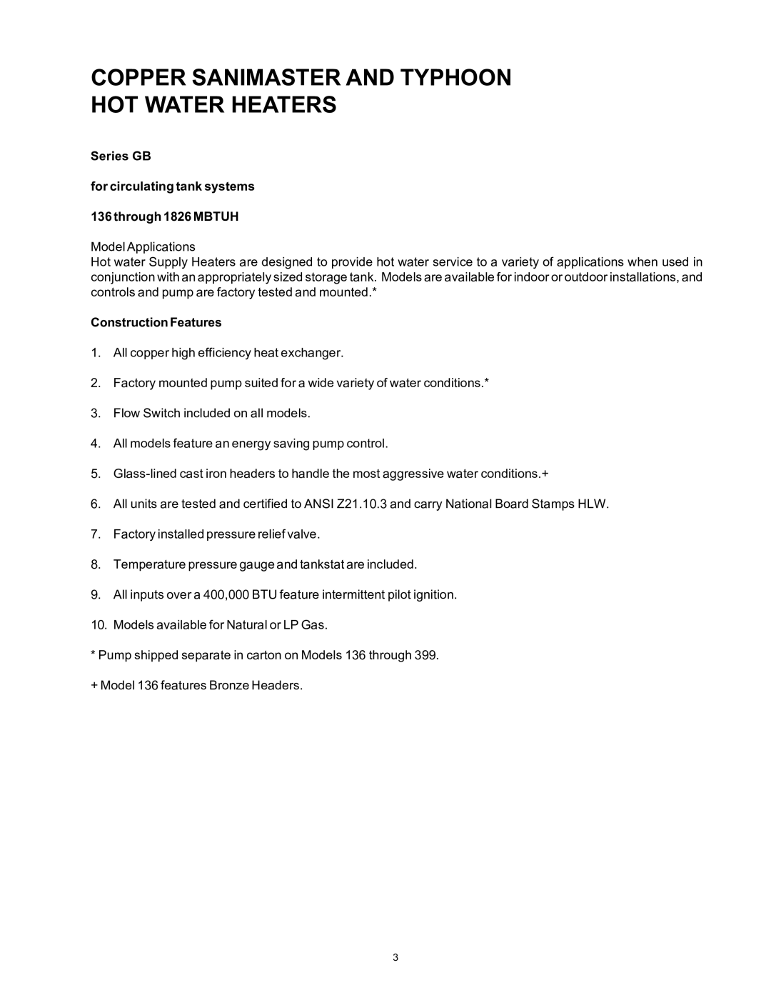 Rheem 136-1826 installation instructions Series GB For circulating tank systems Through 1826 Mbtuh, Construction Features 