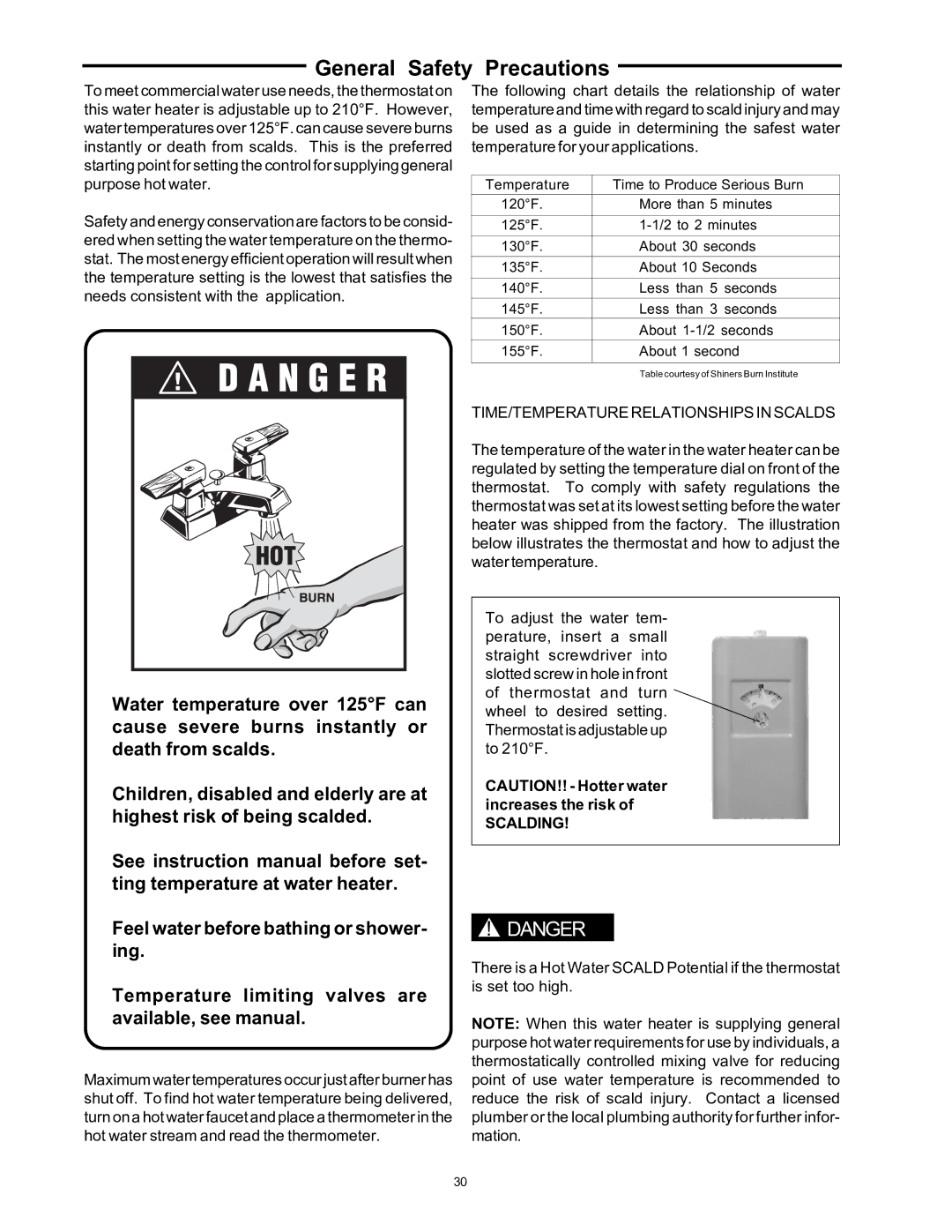 Rheem 136-1826 installation instructions TIME/TEMPERATURE Relationships in Scalds, Scalding 