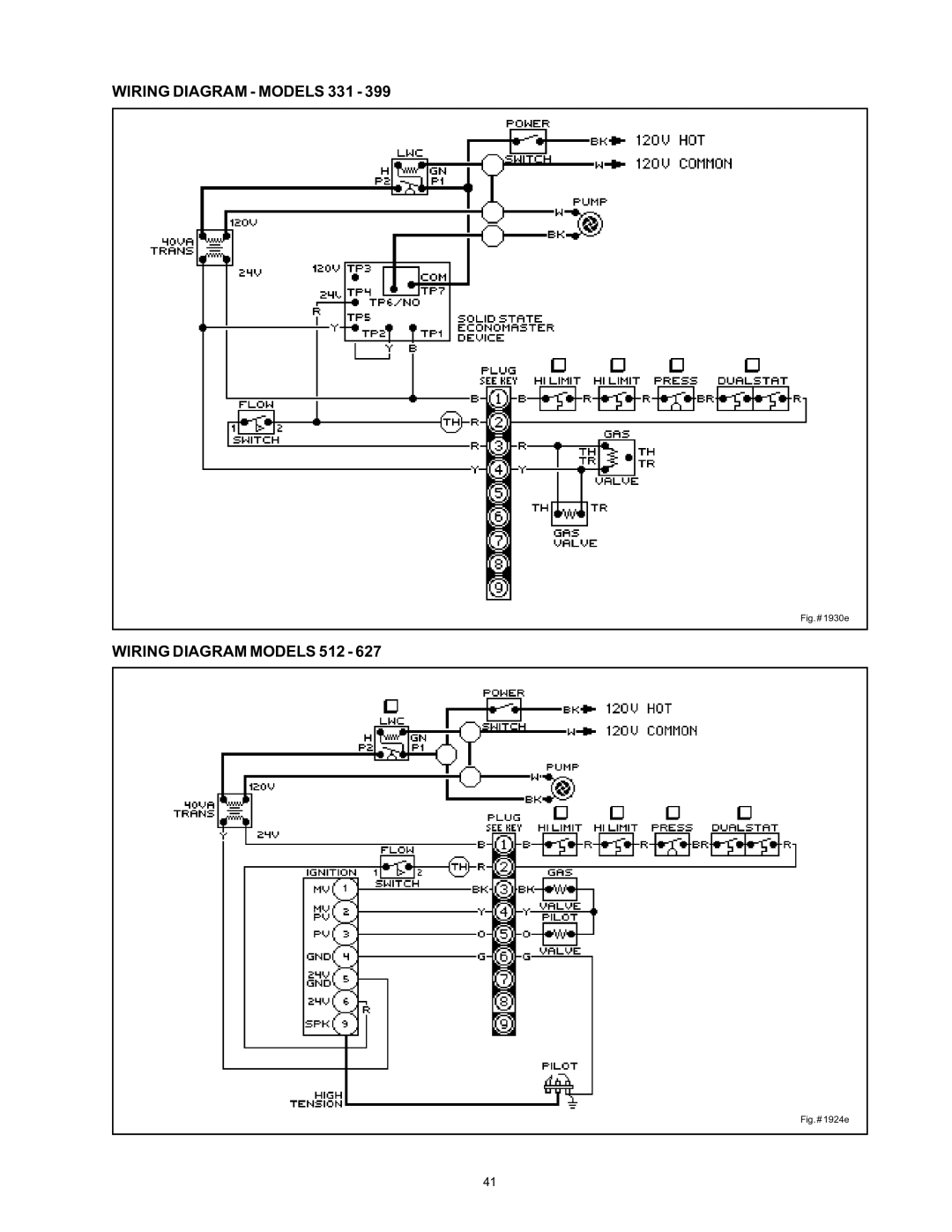 Rheem 136-1826 installation instructions Wiring Diagram Models 331, Wiring Diagram Models 512 