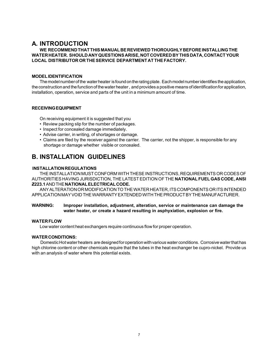 Rheem 136-1826 installation instructions Receivingequipment, Installation Regulations, Water Flow, Water Conditions 