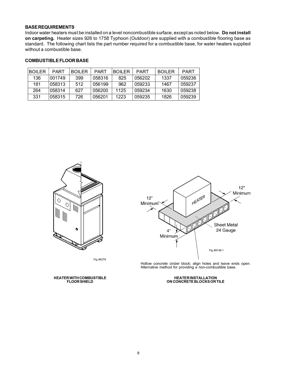 Rheem 136-1826 installation instructions Baserequirements, Combustible Floor Base, Boiler Part 