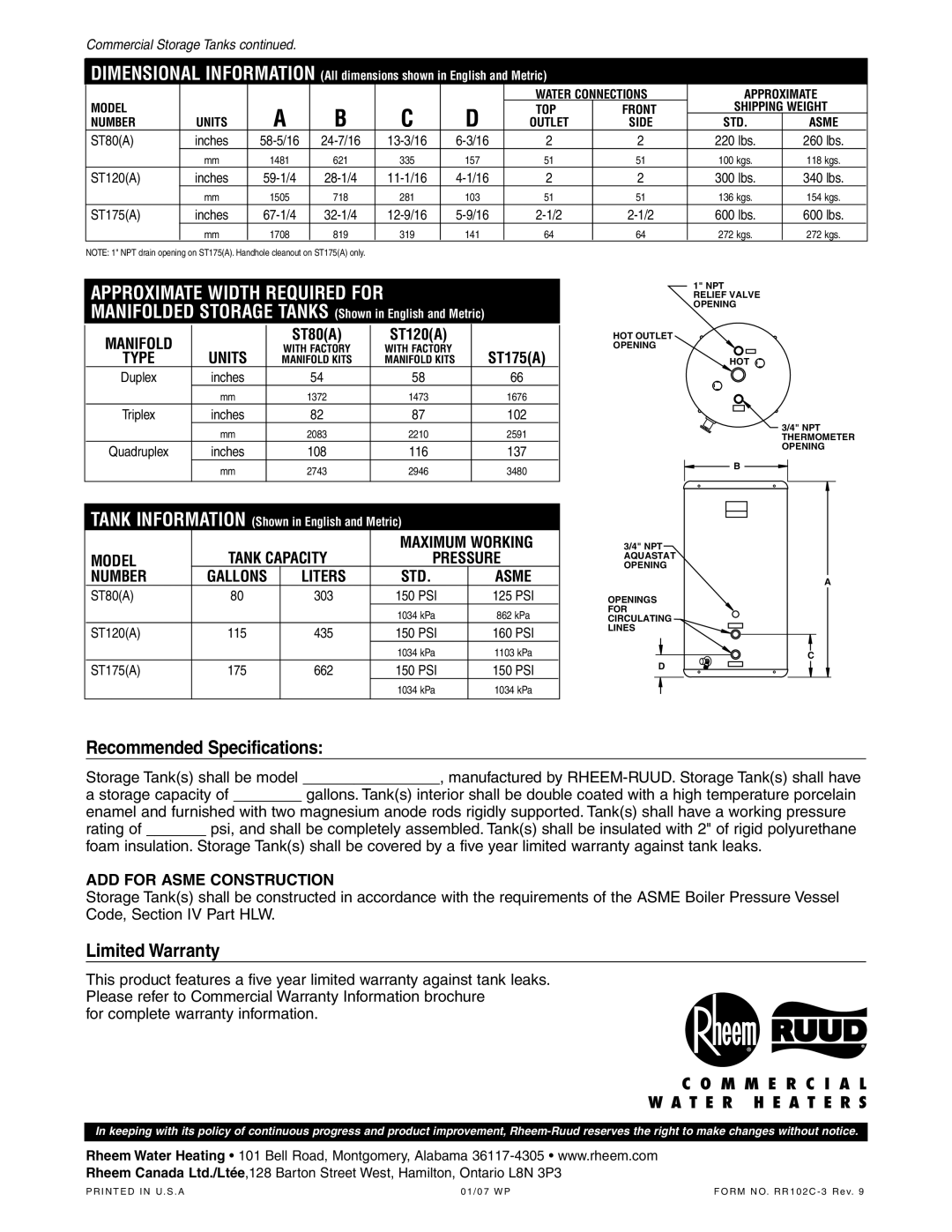 Rheem 175, 115 manual Recommended Specifications, Limited Warranty 