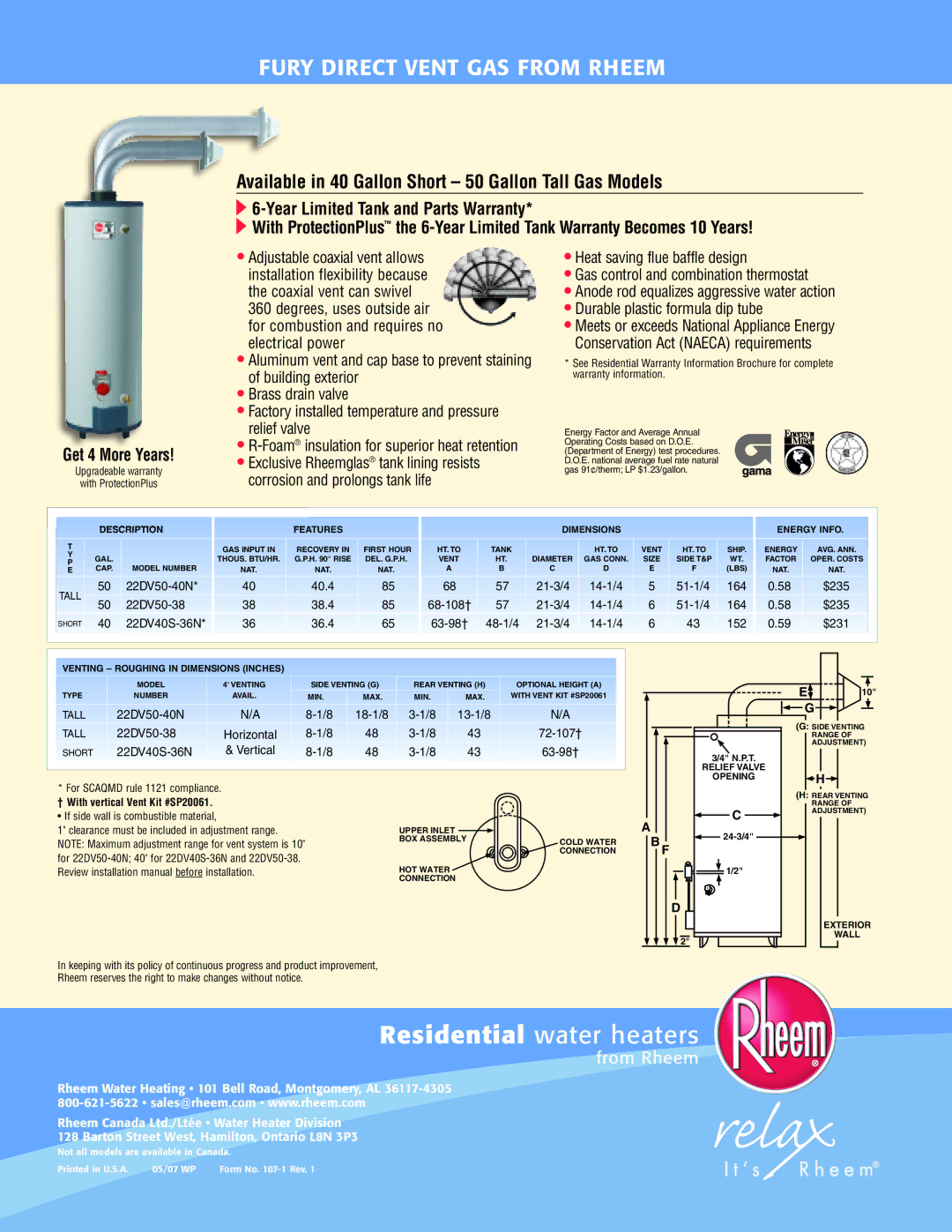 Rheem 22DV40S-36N, 22DV50-38 manual 68-108† 21-3/4 14-1/4 51-1/4 164 $235, 63-98† 48-1/4 21-3/4 14-1/4 152 $231 