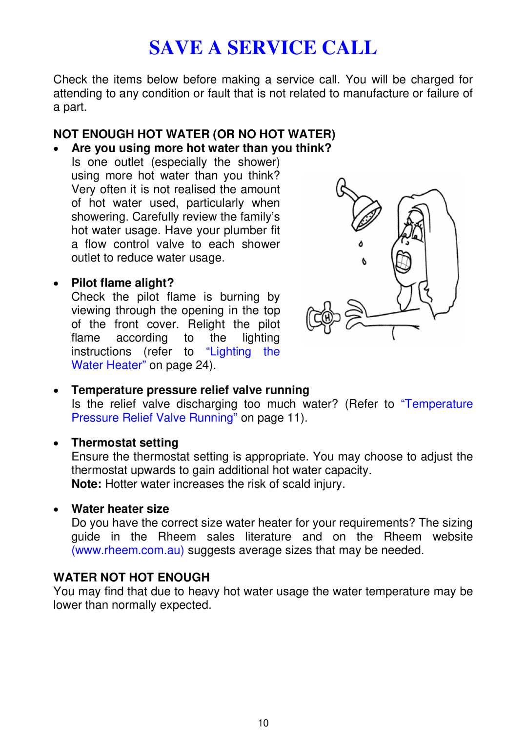 Rheem 300 series installation instructions Save a Service Call, Not Enough HOT Water or no HOT Water, Water not HOT Enough 