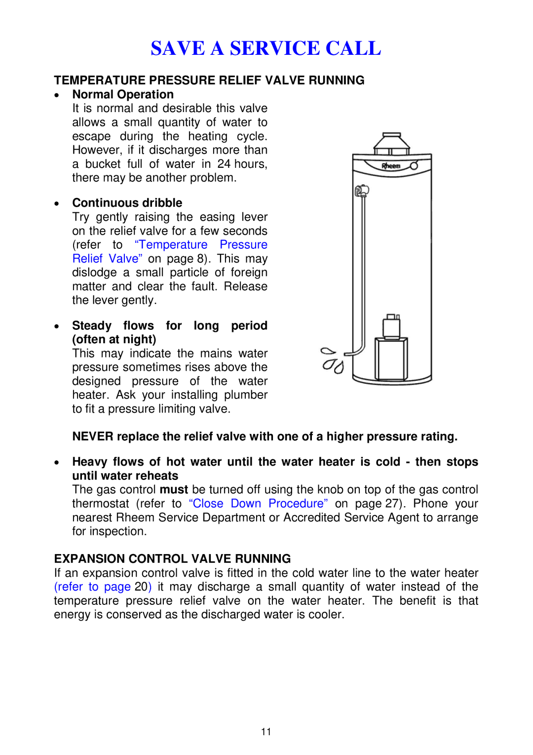 Rheem 300 series installation instructions Temperature Pressure Relief Valve Running, Normal Operation, Continuous dribble 