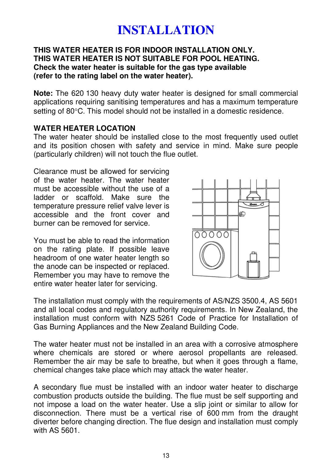 Rheem 300 series installation instructions Installation, Water Heater Location 