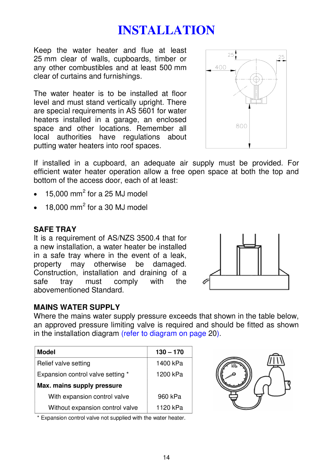 Rheem 300 series installation instructions Safe Tray, Mains Water Supply 