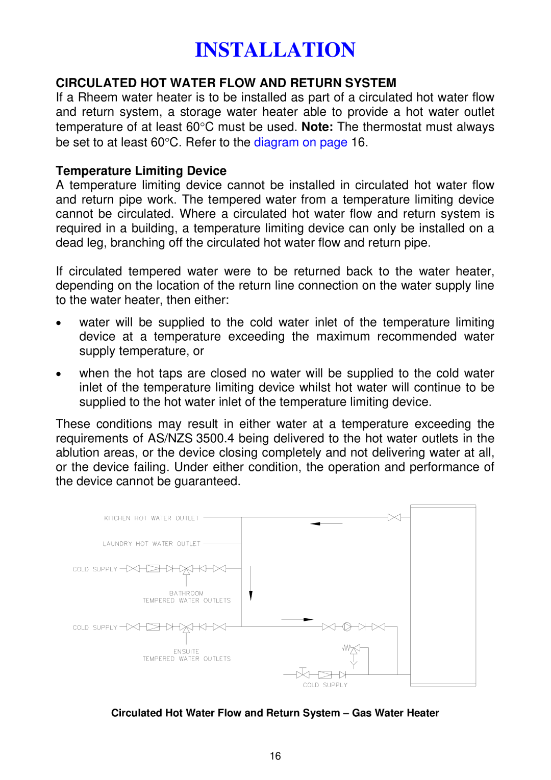 Rheem 300 series installation instructions Circulated HOT Water Flow and Return System, Temperature Limiting Device 