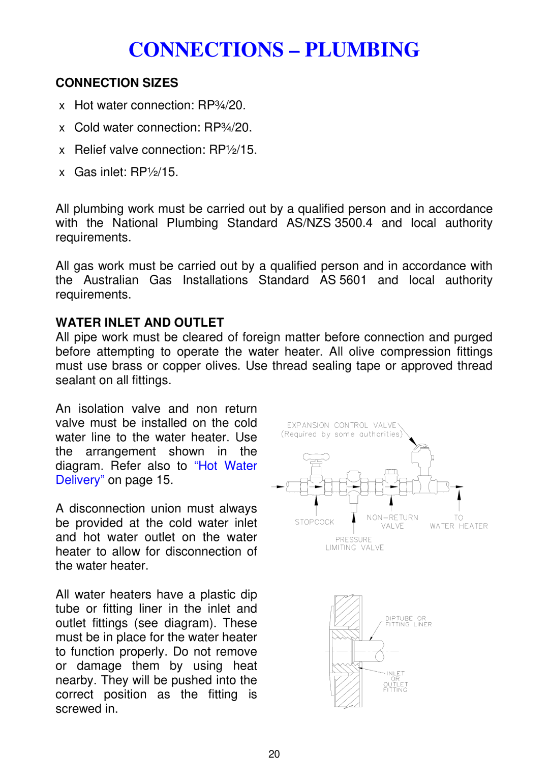 Rheem 300 series installation instructions Connections Plumbing, Connection Sizes, Water Inlet and Outlet 