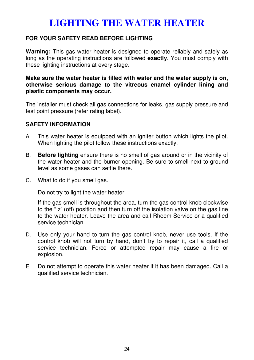 Rheem 300 series Lighting the Water Heater, For Your Safety Read Before Lighting, Safety Information 