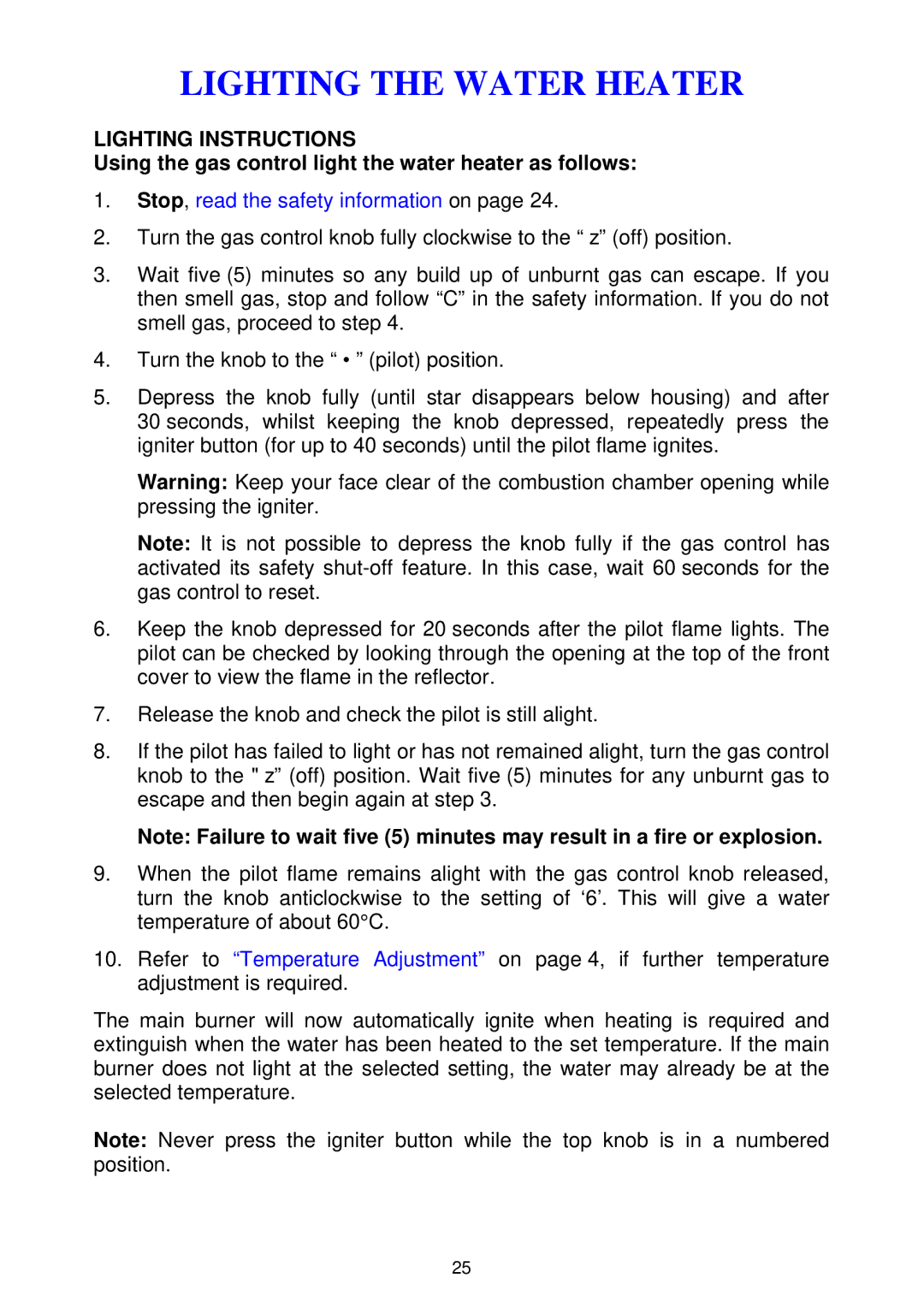 Rheem 300 series installation instructions Lighting Instructions, Using the gas control light the water heater as follows 