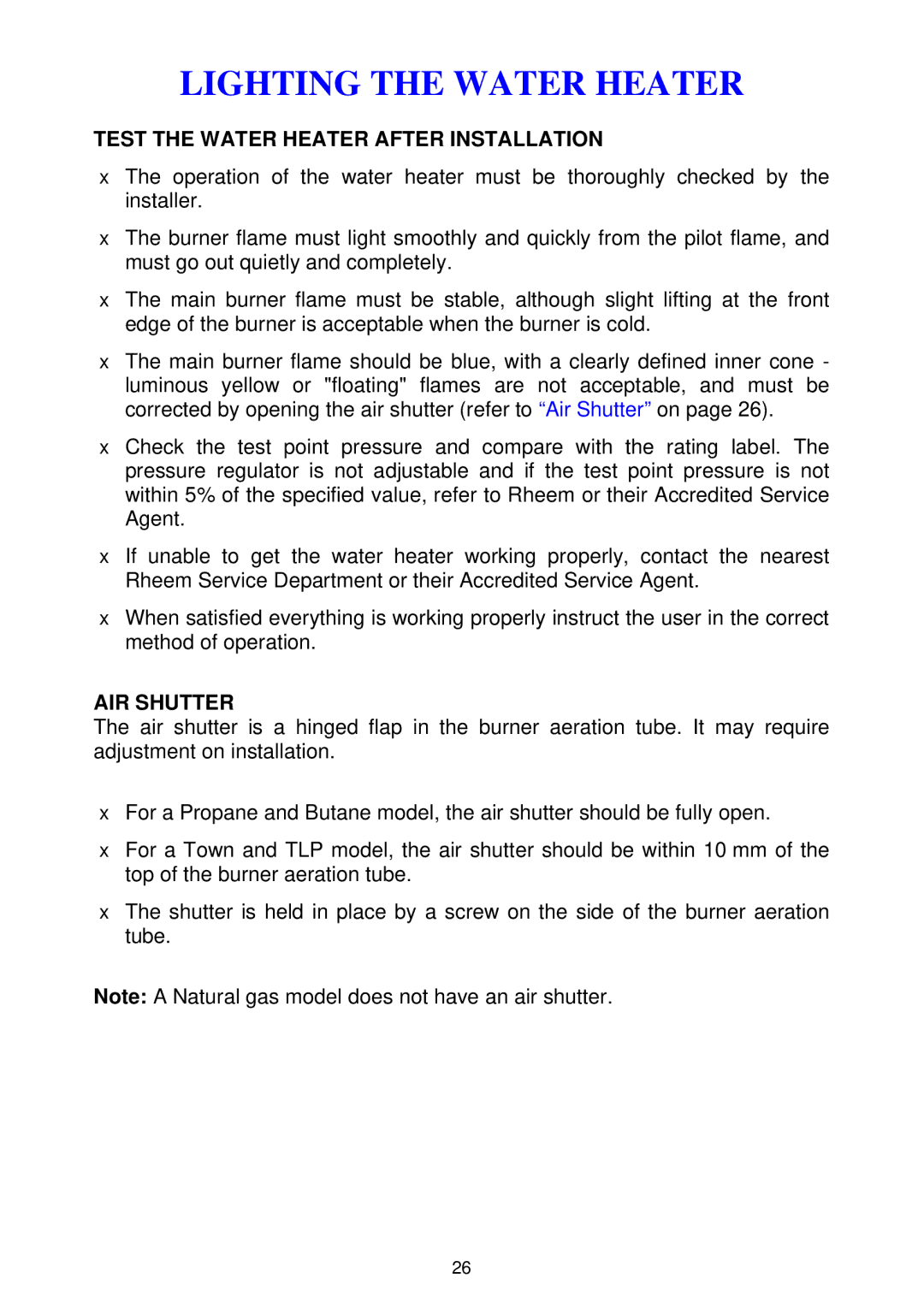 Rheem 300 series installation instructions Test the Water Heater After Installation, AIR Shutter 