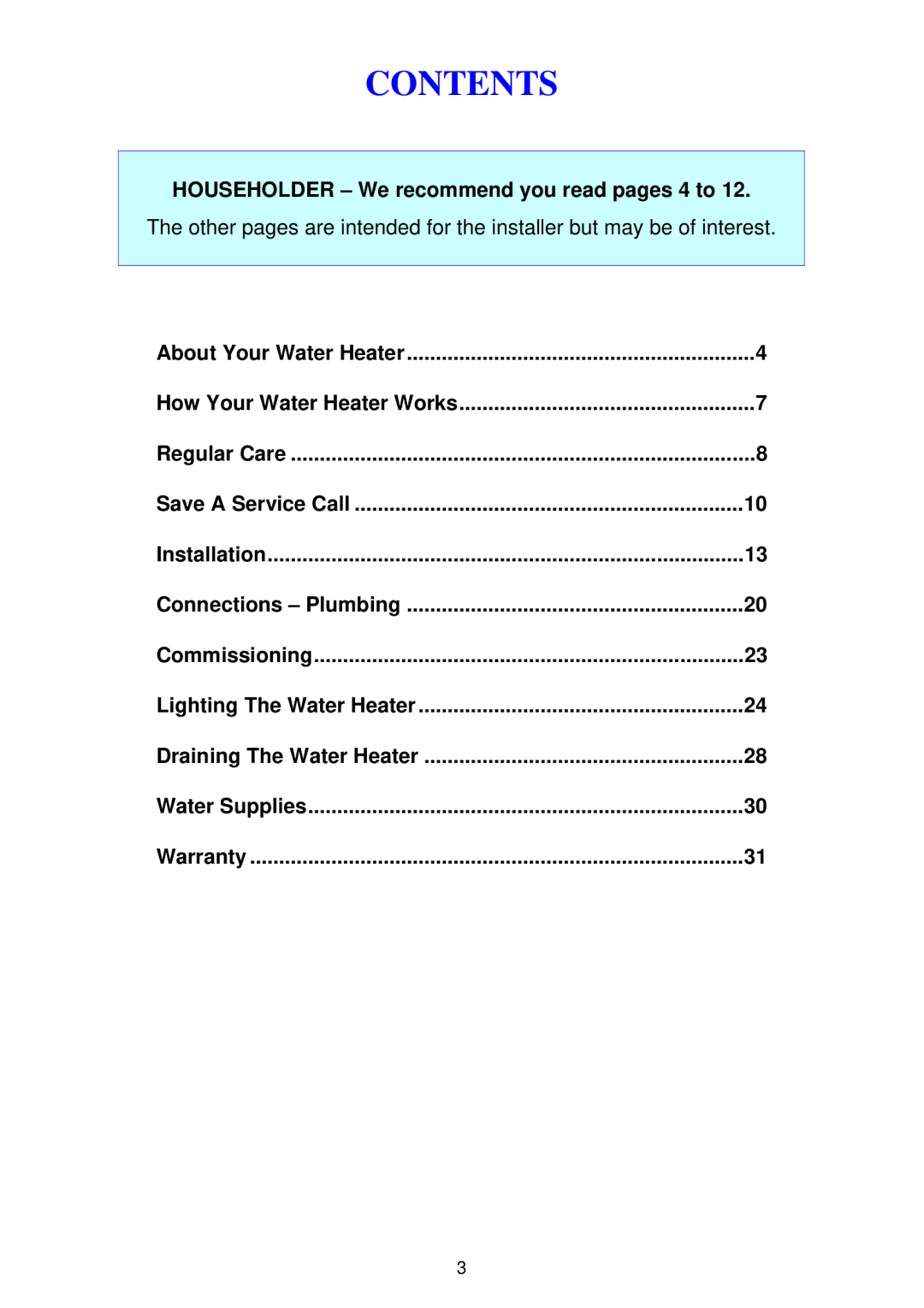 Rheem 300 series installation instructions Contents 