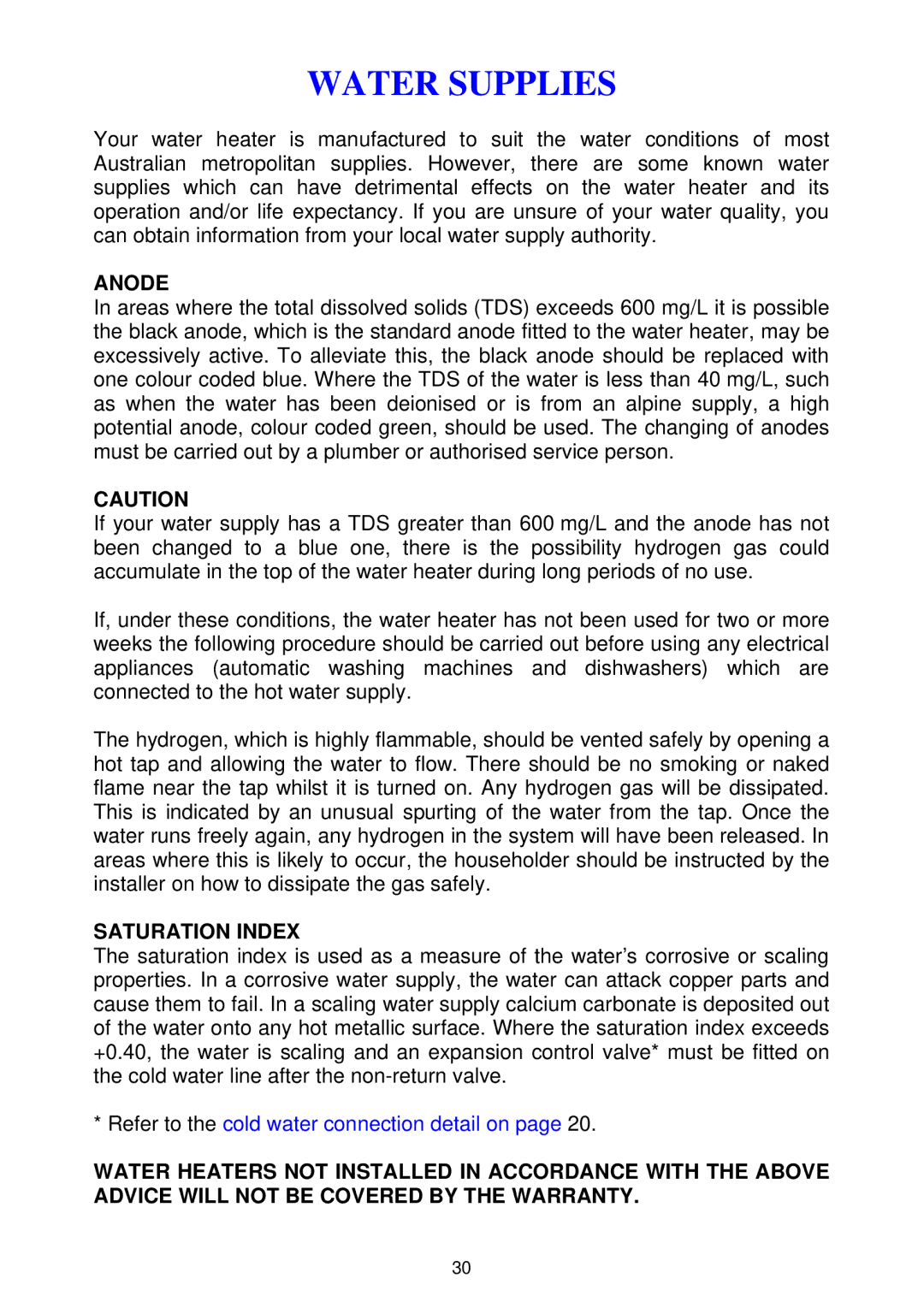 Rheem 300 series installation instructions Water Supplies, Anode, Saturation Index 