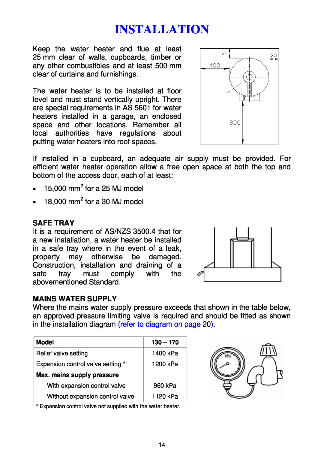 Rheem 300 series installation instructions Safe Tray, Mains Water Supply, Installation 