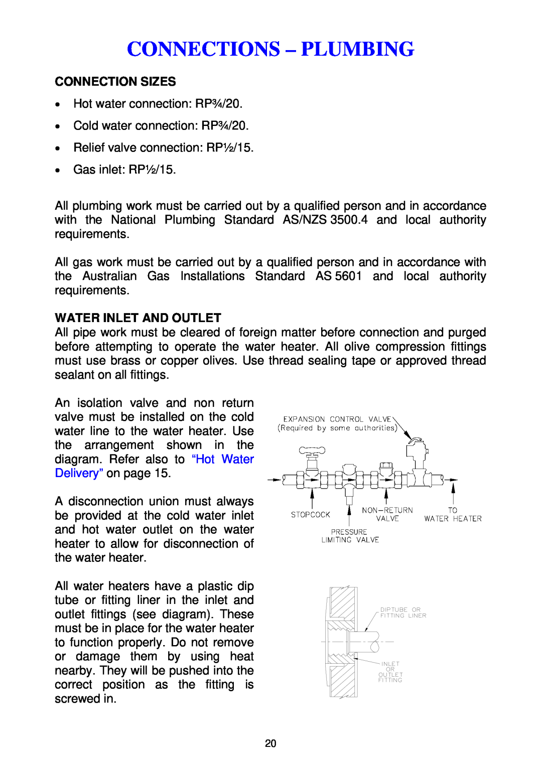 Rheem 300 series installation instructions Connections - Plumbing, Connection Sizes, Water Inlet And Outlet 