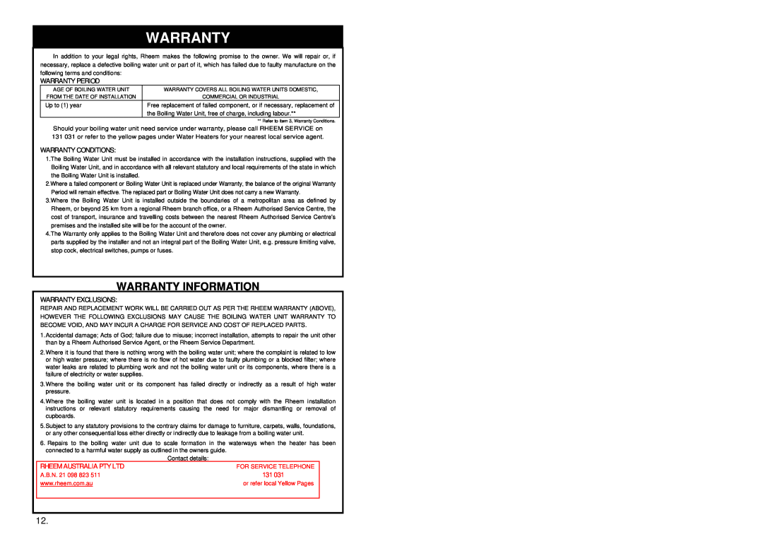 Rheem 316937A Warranty Period, Warranty Conditions, Warranty Exclusions, Contact details, For Service Telephone 