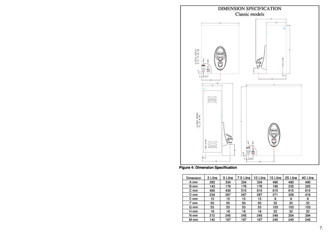 Rheem 316937A warranty Dimension Specification, Classic models 