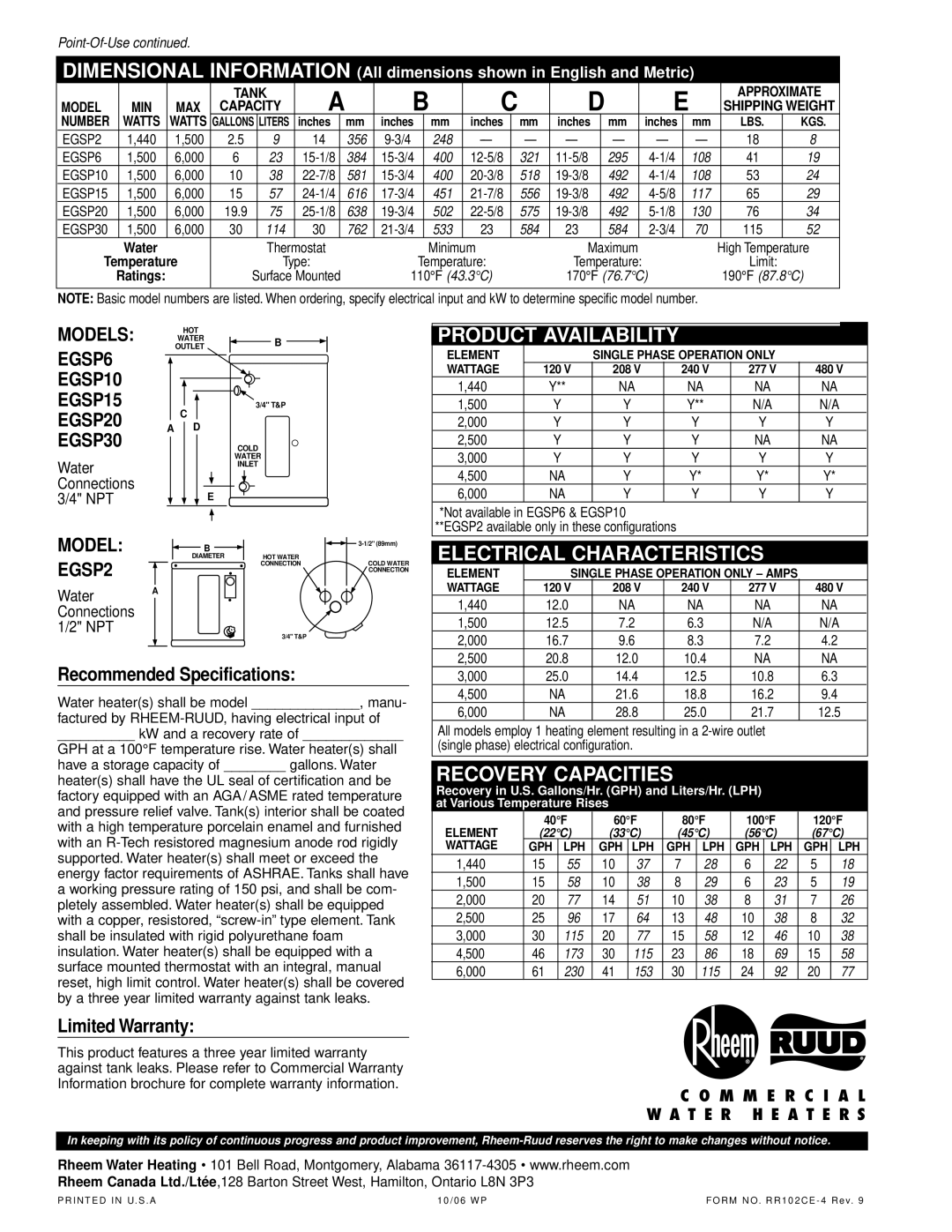 Rheem 208, 480, 277, 240 Product Availability, Electrical Characteristics, Recovery Capacities, Recommended Specifications 