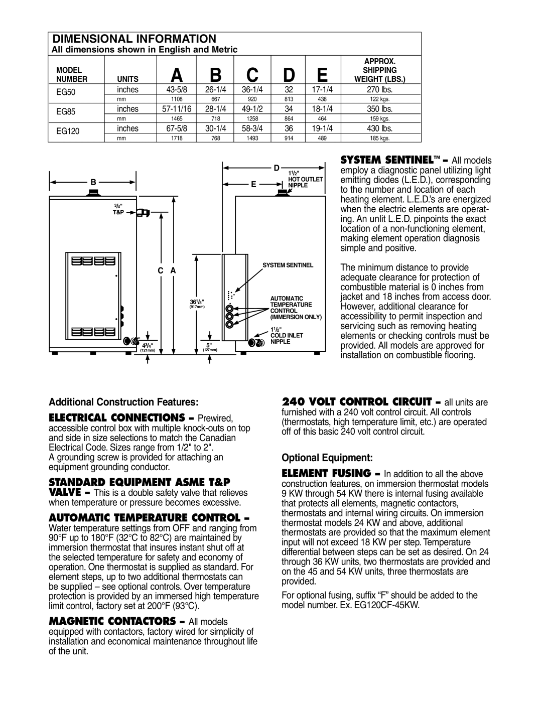 Rheem 54 KW Dimensional Information, Additional Construction Features, Automatic Temperature Control, Optional Equipment 