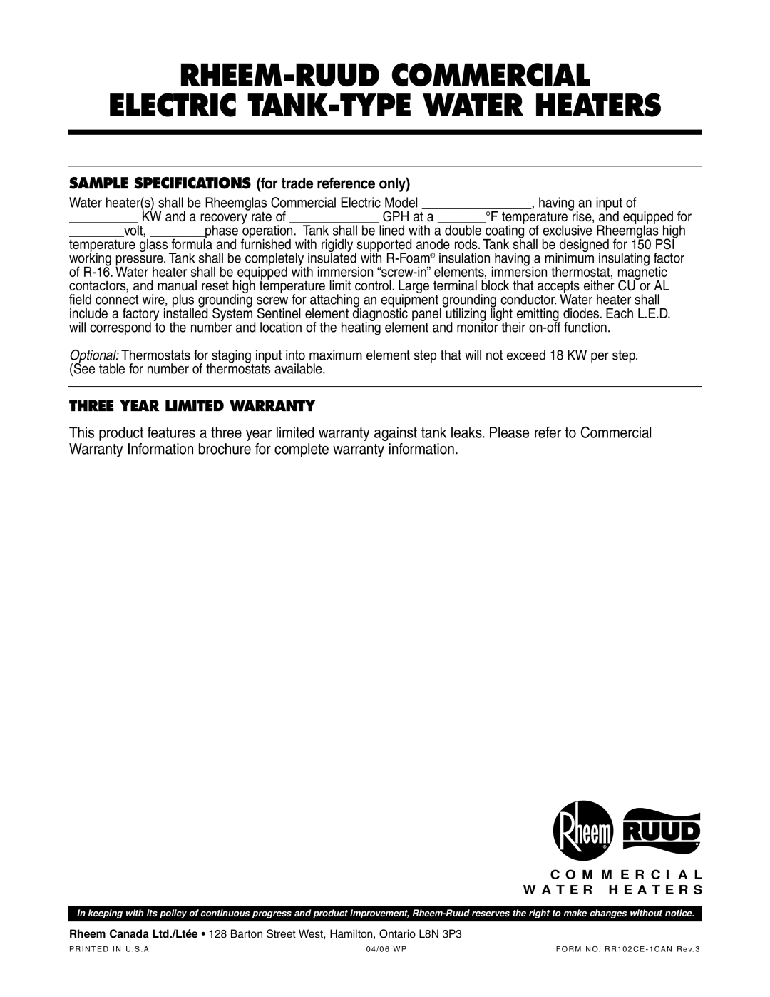 Rheem 6 KW, 54 KW manual Sample Specifications for trade reference only, Three Year Limited Warranty 