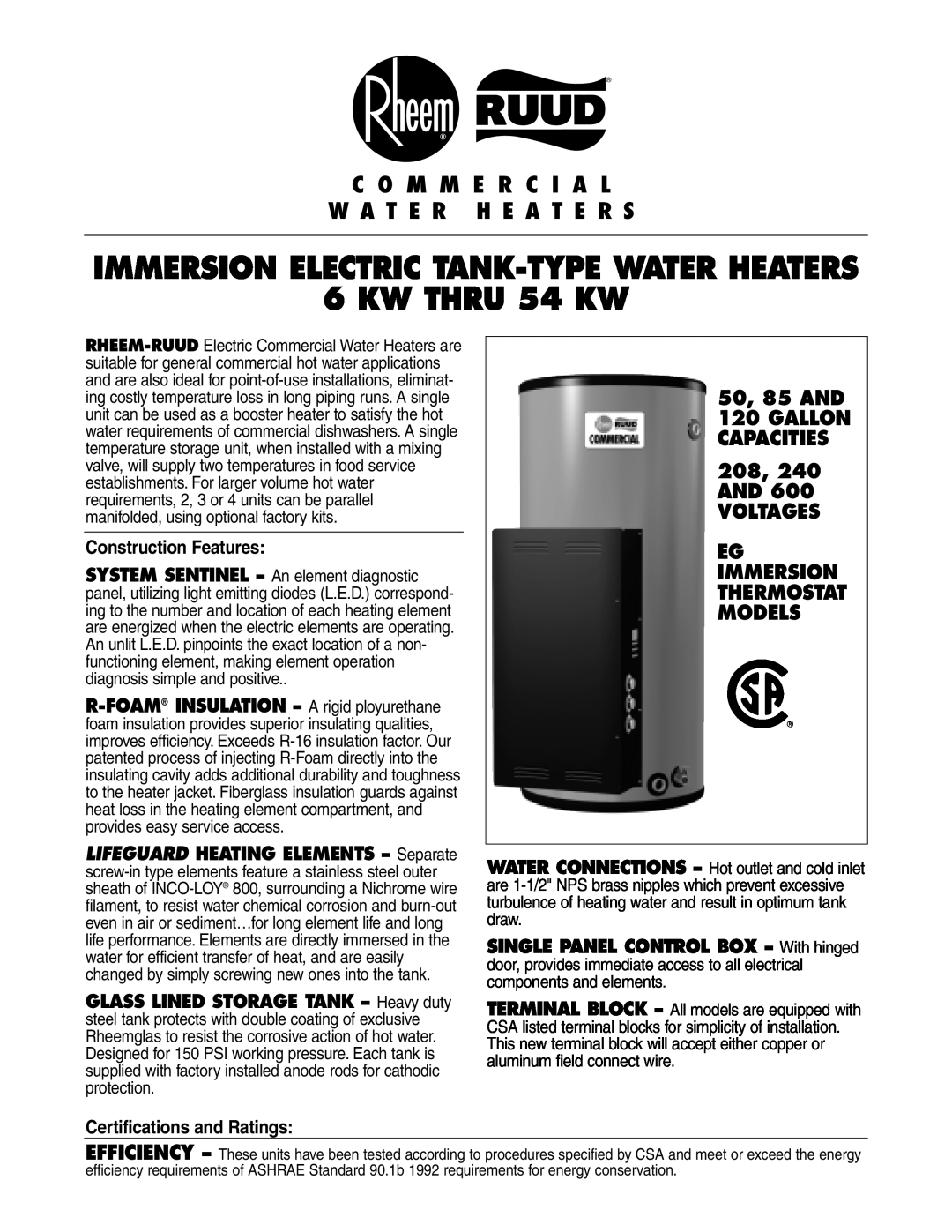Rheem 6 KW THRU 54 KW manual Construction Features, Certifications and Ratings, Immersion Thermostat Models 