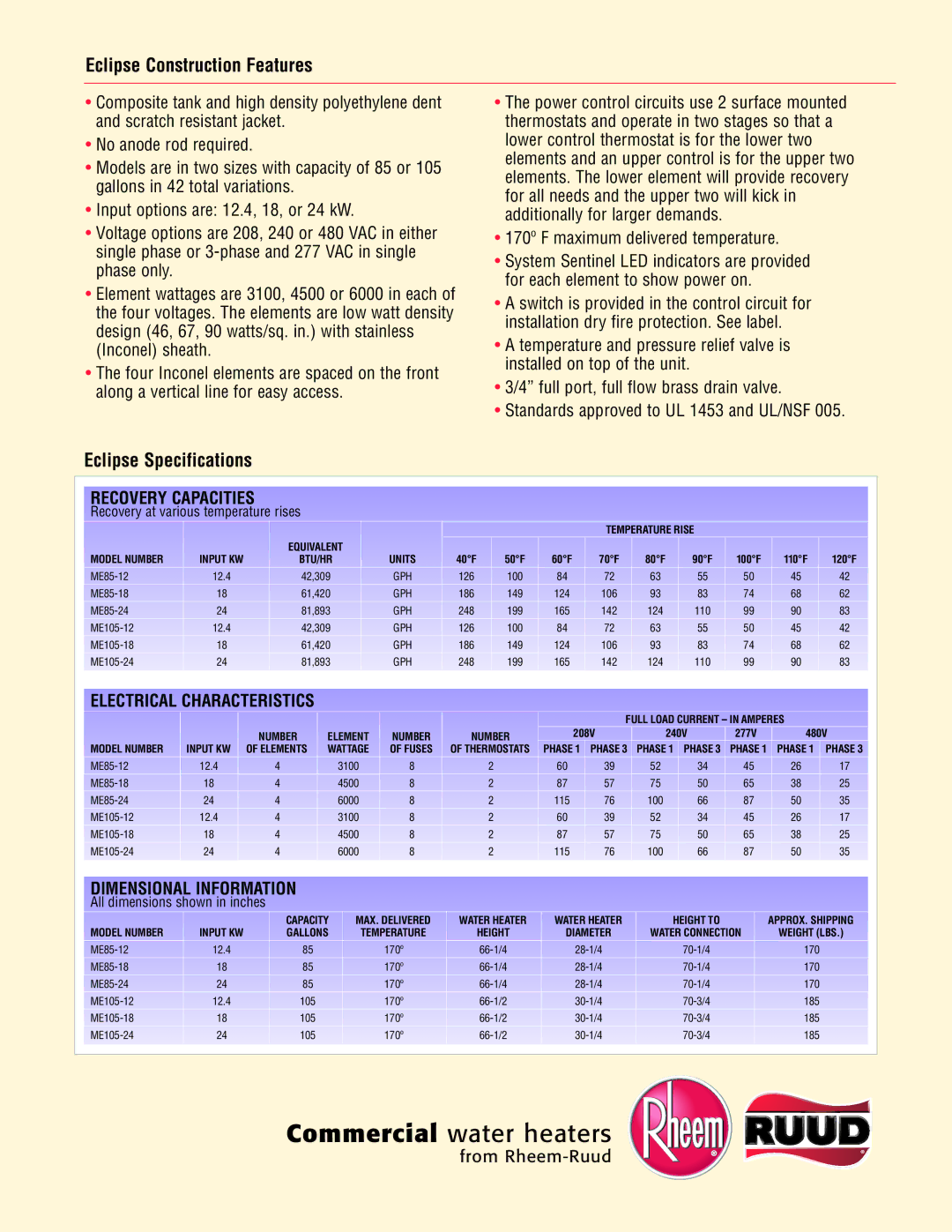 Rheem 80F, 60F, 70F, 90F, 50F, 40F 5, 100F, 110F, 120F Recovery Capacities, Electrical Characteristics, Dimensional Information 