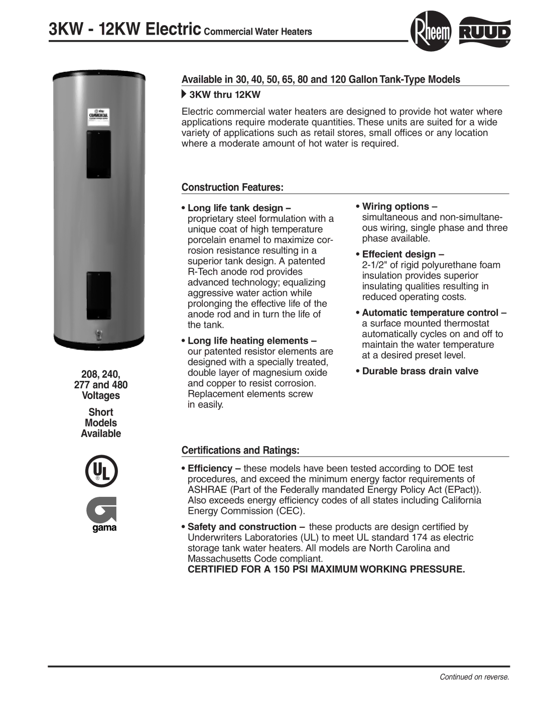 Rheem 80, 65 manual Certifications and Ratings, 3KW 12KW Electric CommercialWater Heaters, 3KW thru 12KW, Wiring options 