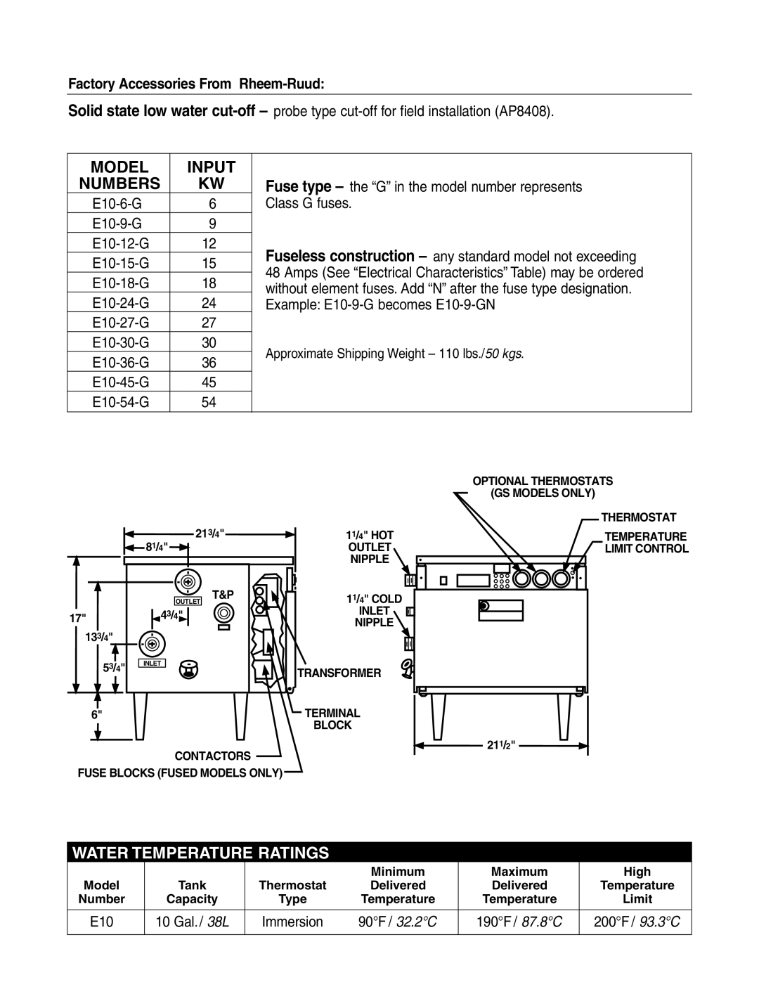 Rheem 54KW, 6KW manual Water Temperature Ratings, Factory Accessories From Rheem-Ruud 