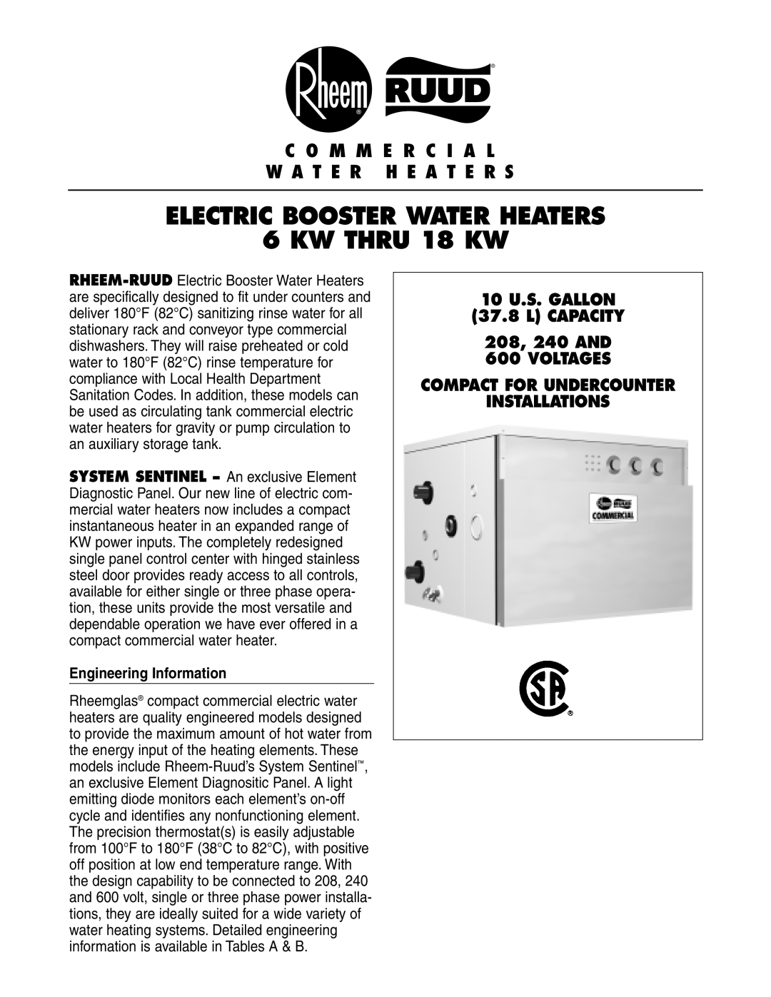 Rheem 6KW THRU 18 KW manual Electric Booster Water Heaters KW Thru 18 KW, Engineering Information 