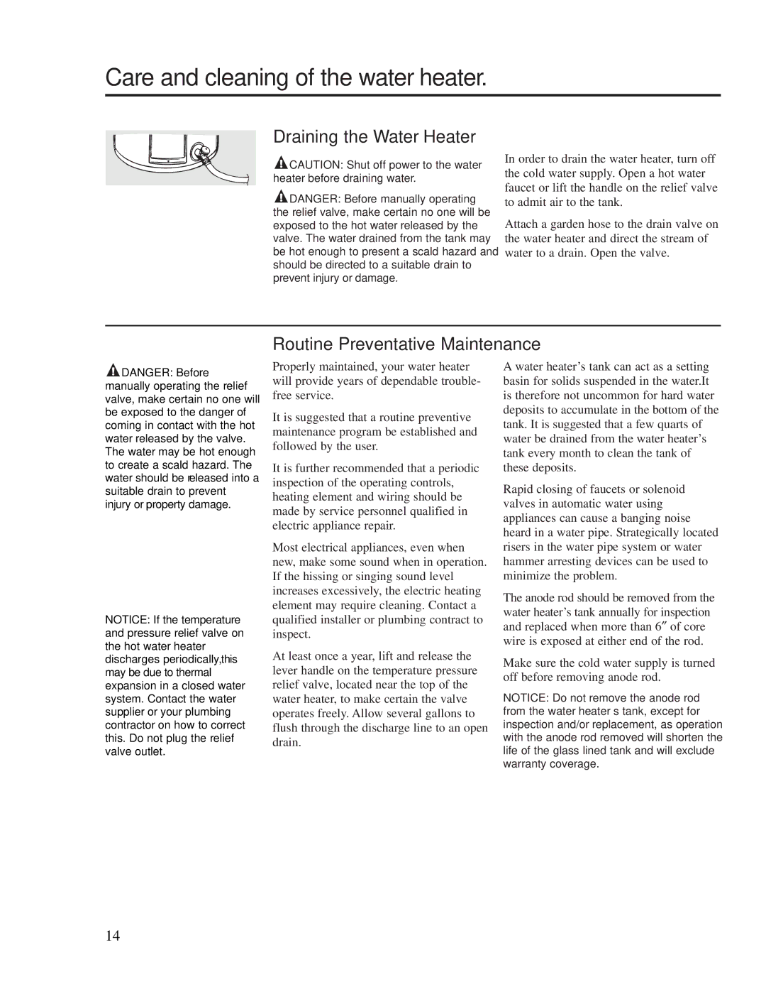 Rheem 72V52-2, 72V30-2 Care and cleaning of the water heater, Draining the Water Heater, Routine Preventative Maintenance 