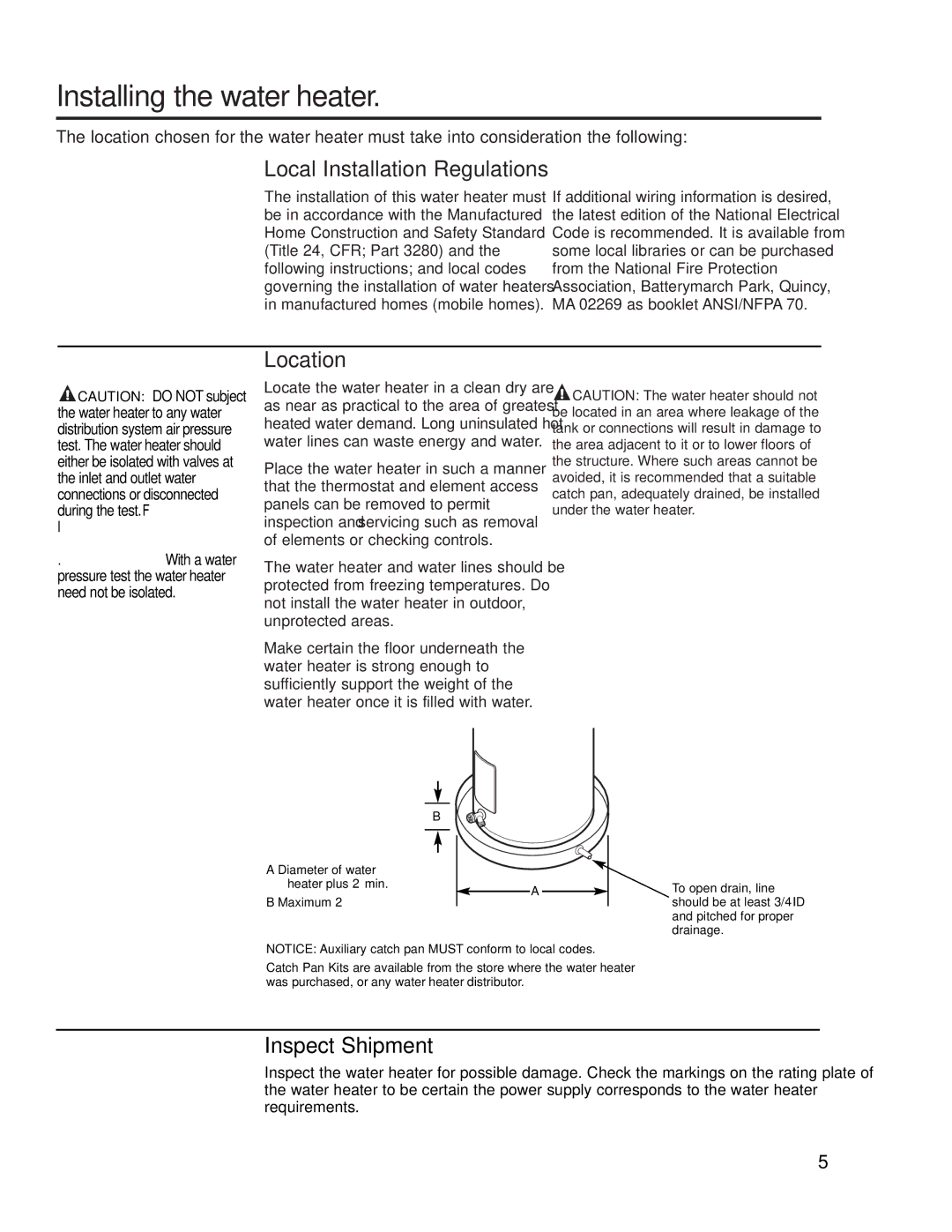 Rheem 72V30-2, 72V20-1, AP10414-9 Installing the water heater, Local Installation Regulations, Location, Inspect Shipment 