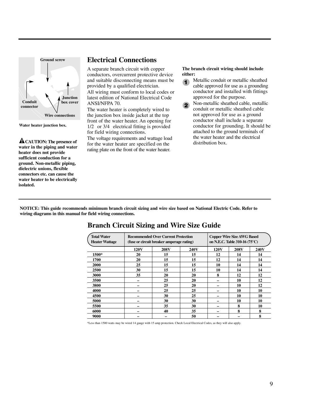 Rheem 72V52-2, 72V30-2, 72V20-1, AP10414-9, 72V40-2 Electrical Connections, Branch Circuit Sizing and Wire Size Guide 