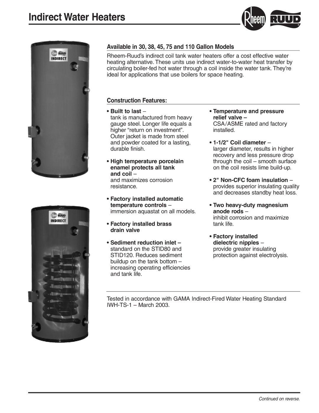 Rheem manual Available in 30, 38, 45, 75 and 110 Gallon Models, Construction Features, Built to last, Coil diameter 