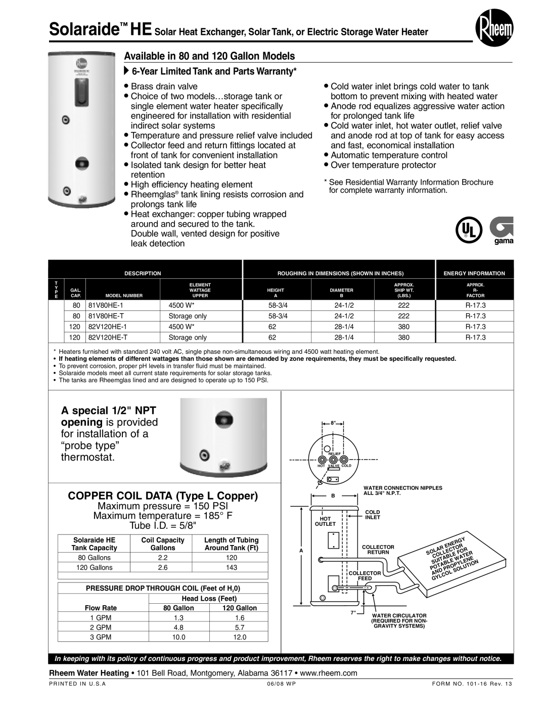 Rheem 82V120HE-T, 81V80HE-1, 82V120HE-1 warranty Available in 80 and 120 Gallon Models, Copper Coil DATAType L Copper 