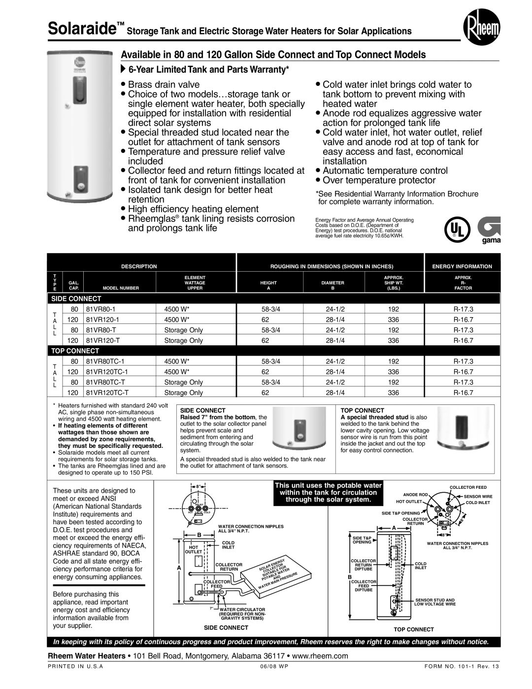 Rheem 81VR80TC-T, 81VR80-1, 81VR80TC-1, 81VR80-T warranty Year Limited Tank and Parts Warranty, Side Connect, TOP Connect 