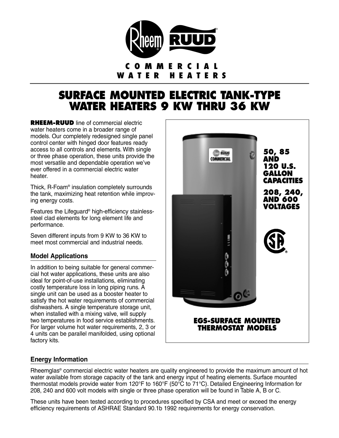 Rheem 9 Kw Thru 36 Kw manual Gallon Capacities, EGS-SURFACE Mounted Thermostat Models, Model Applications 