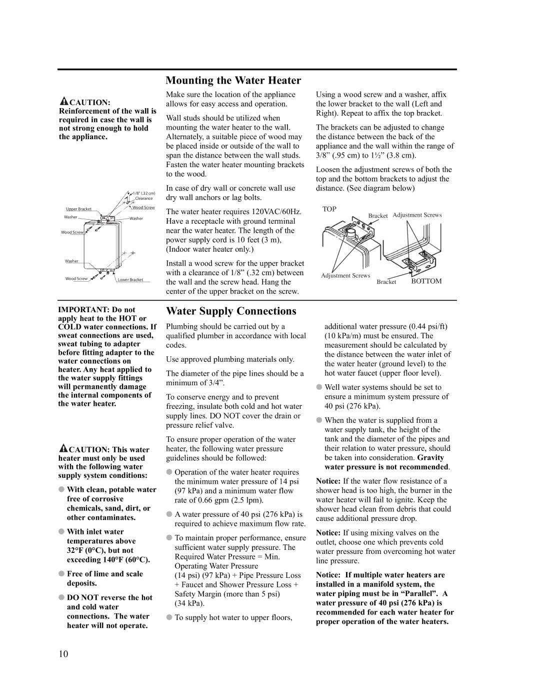 Rheem AP13731 warranty Mounting the Water Heater, Water Supply Connections 