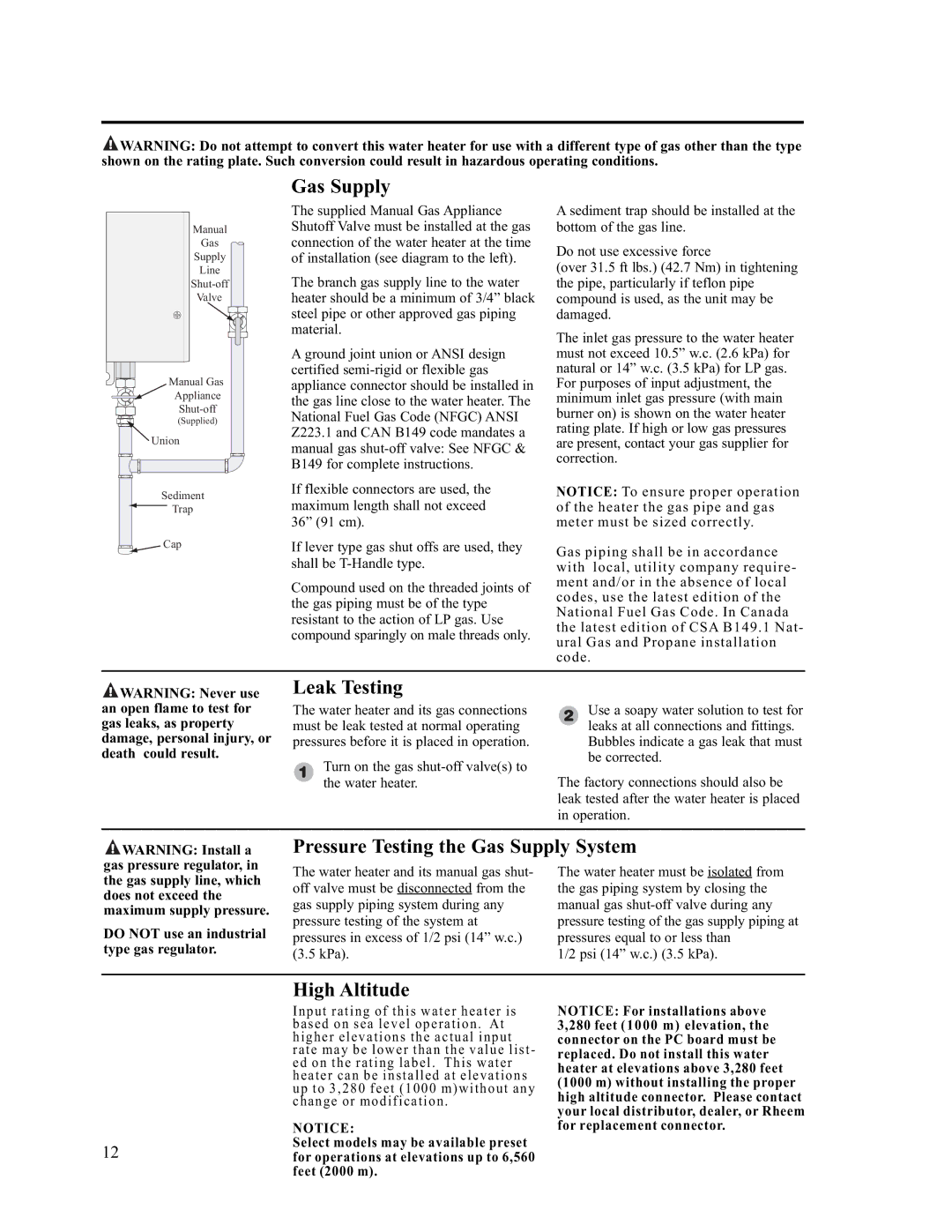 Rheem AP13731 warranty Leak Testing, Pressure Testing the Gas Supply System, High Altitude 