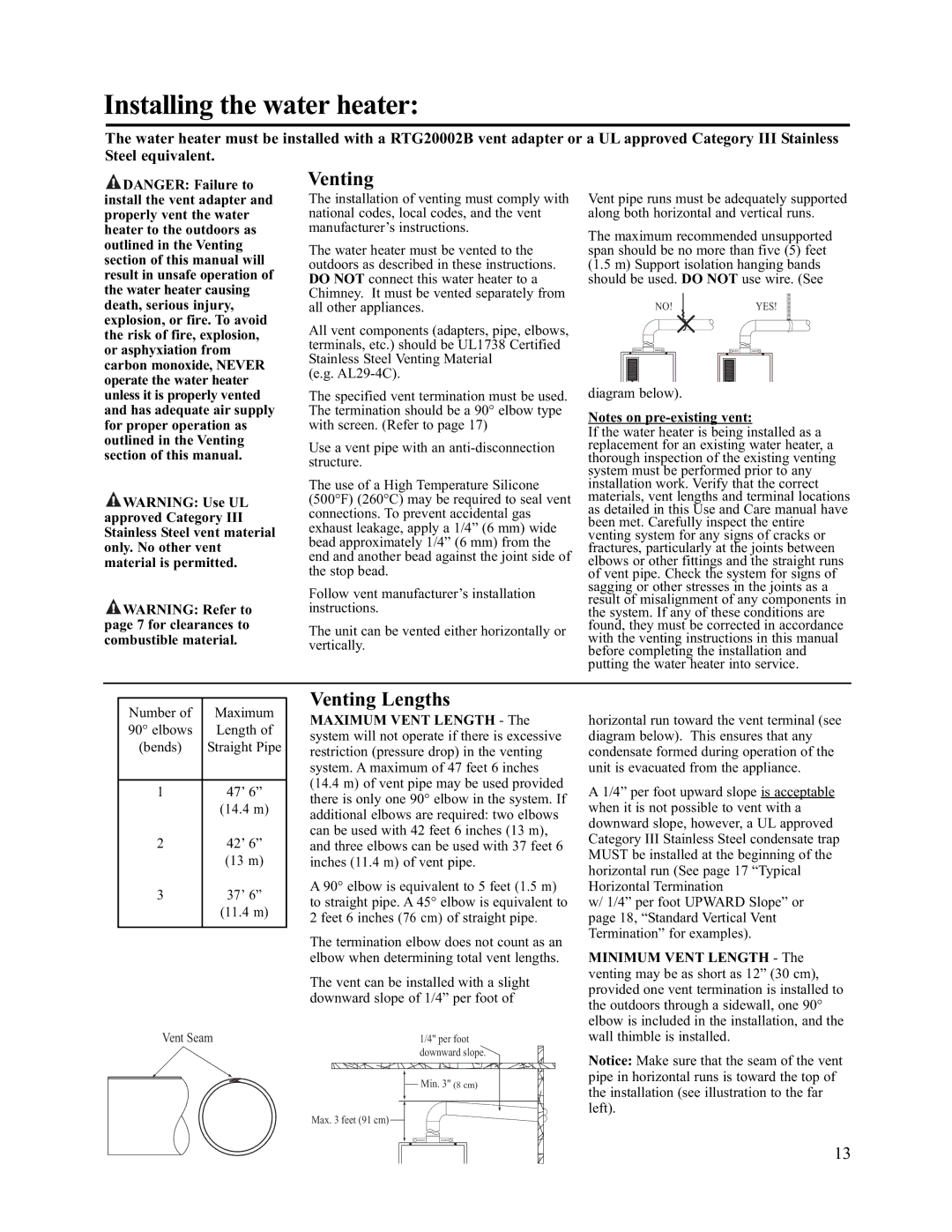 Rheem AP13731 warranty Venting Lengths, Maximum Vent Length, Minimum Vent Length 