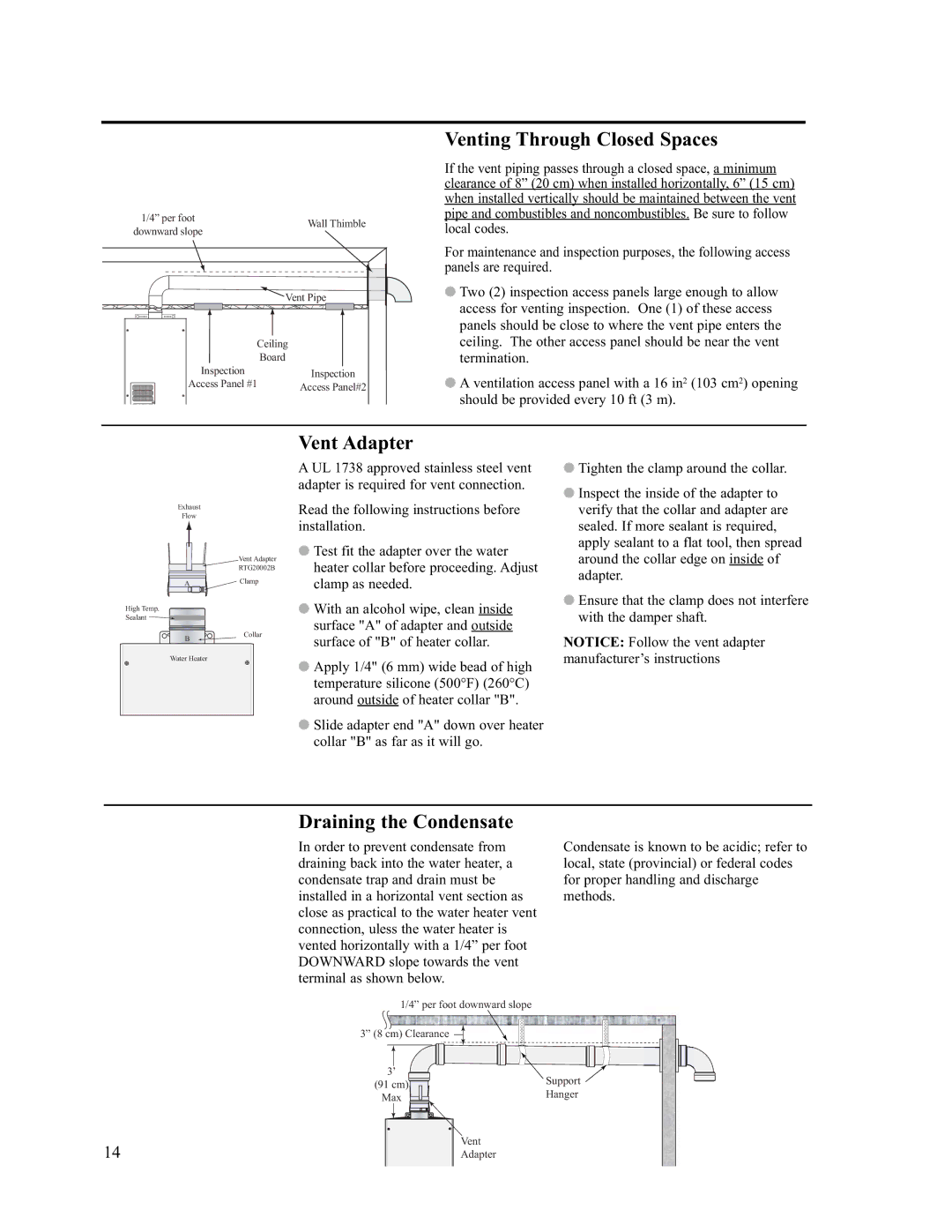 Rheem AP13731 warranty Venting Through Closed Spaces, Vent Adapter, Draining the Condensate 