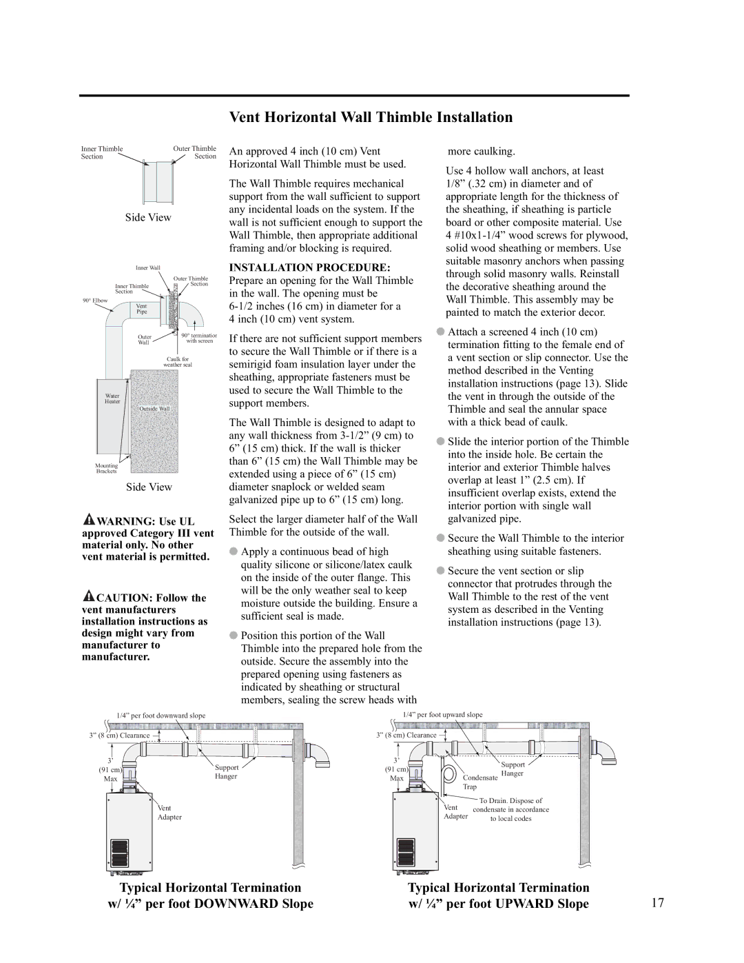 Rheem AP13731 warranty Vent Horizontal Wall Thimble Installation 