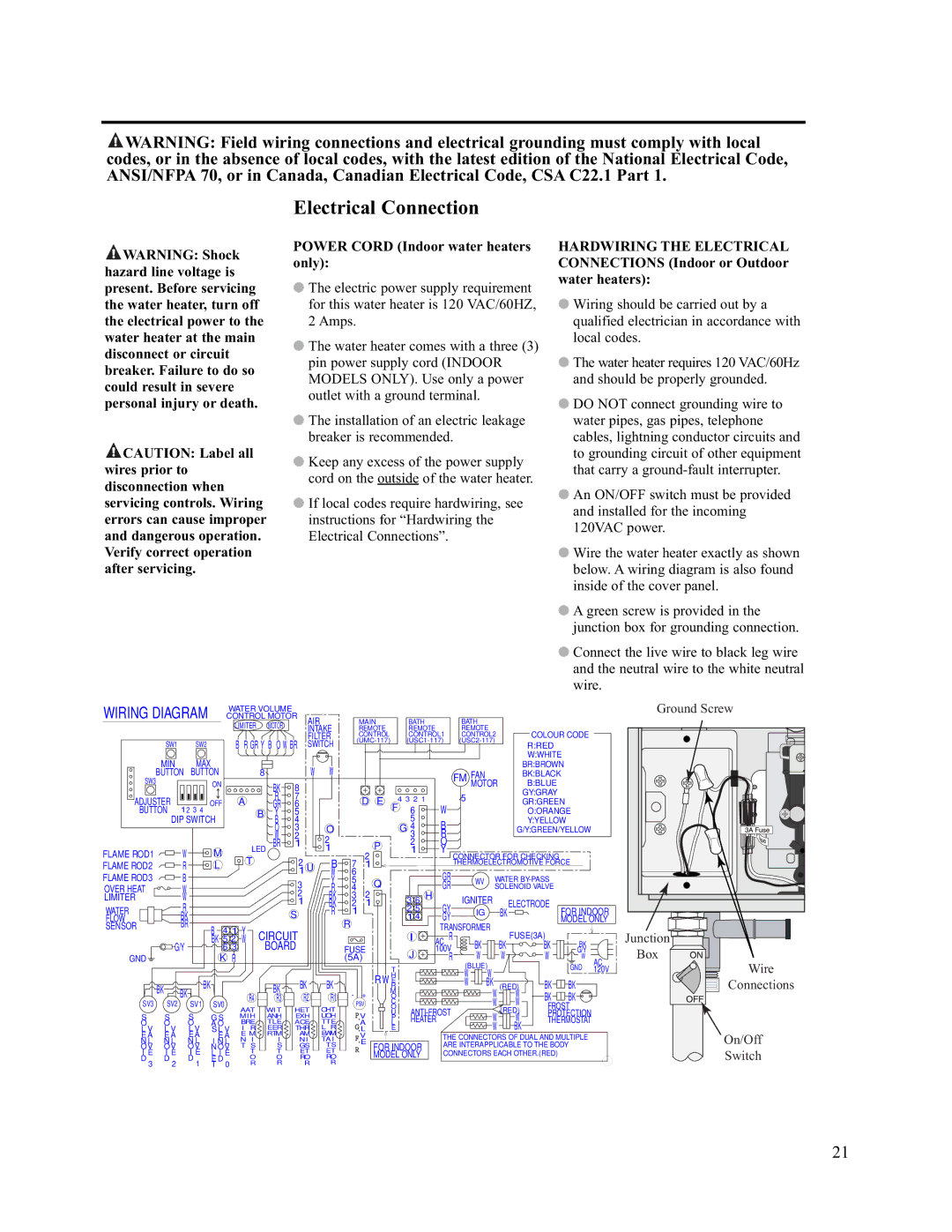 Rheem AP13731 warranty Electrical Connection, Power Cord Indoor water heaters only 