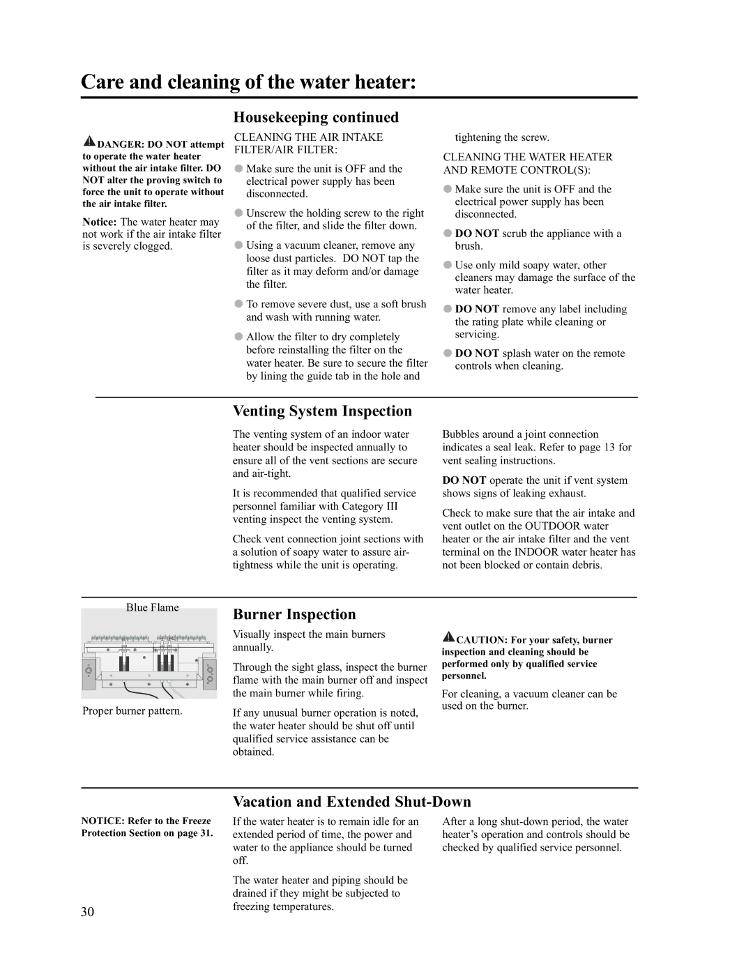 Rheem AP13731 warranty Venting System Inspection, Burner Inspection, Vacation and Extended Shut-Down 